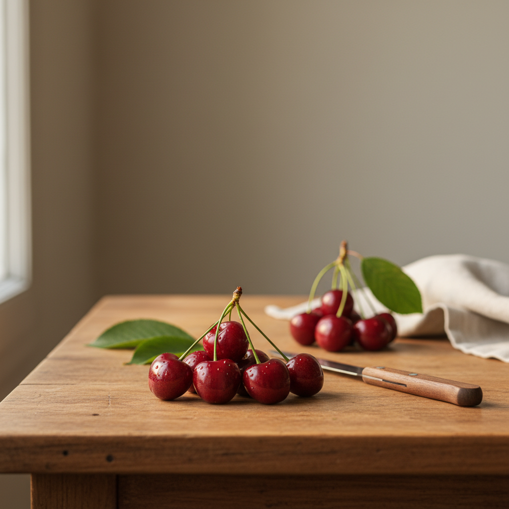 Warum schmecken Süßkirschen sauer? Nahaufnahme glänzender Süßkirschen auf rustikalem Holztisch, natürliche Morgenbeleuchtung, minimalistischer Hintergrund #dbdbcf, Akzent #a5cd8d