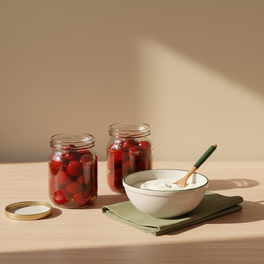 Sauerkirschen aus dem Glas in geöffneten Gläsern neben Joghurt und Löffel auf Holzoberfläche, minimalistisches heimeliges Küchen-Set vor Hintergrund #dbdbcf.