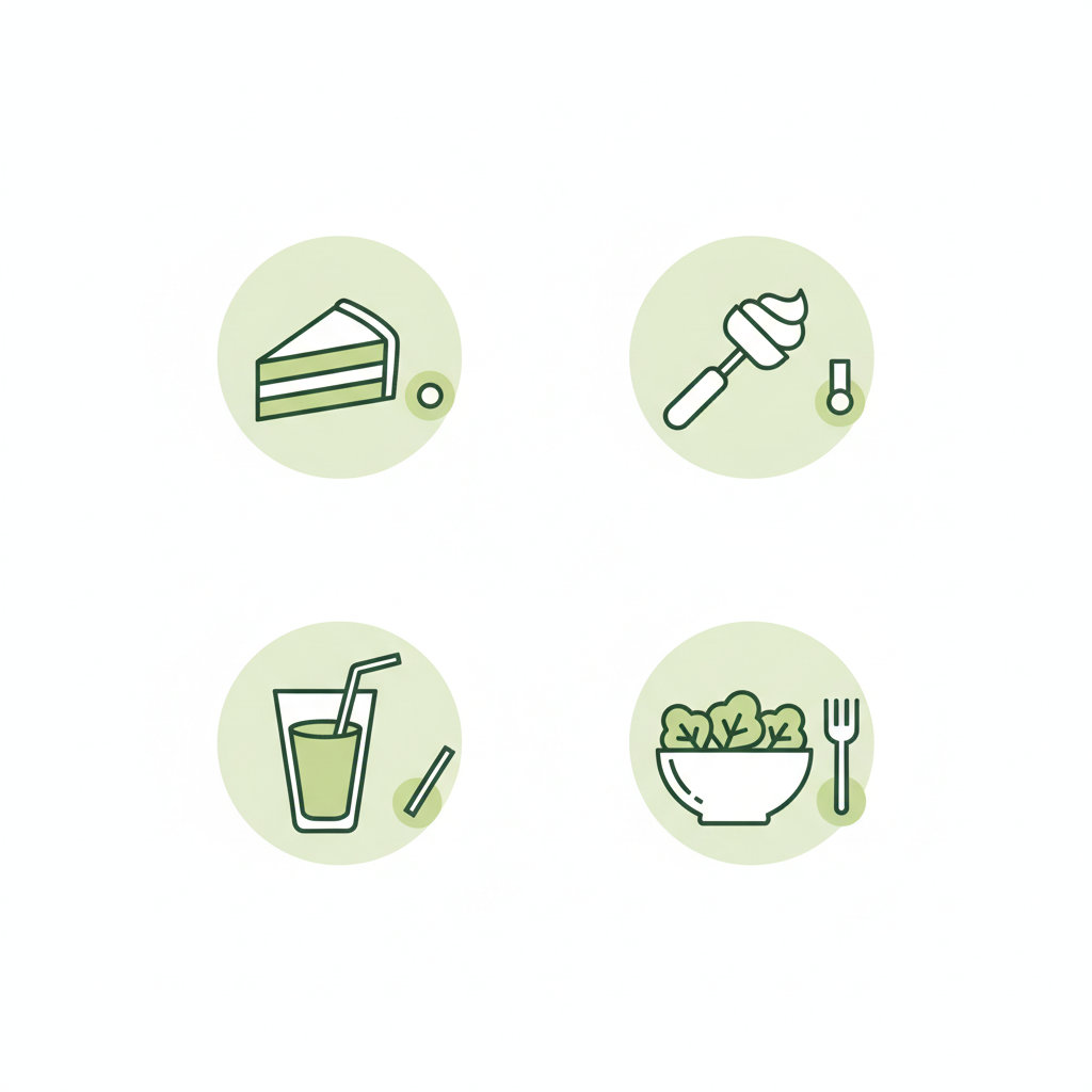 Minimalistische 2D-Vektor-Infografik in Schnell Lecker Farben mit Icons für Kuchen, Glasur, Cocktail und Salat – Ideen, wie Glaskirschen verwenden