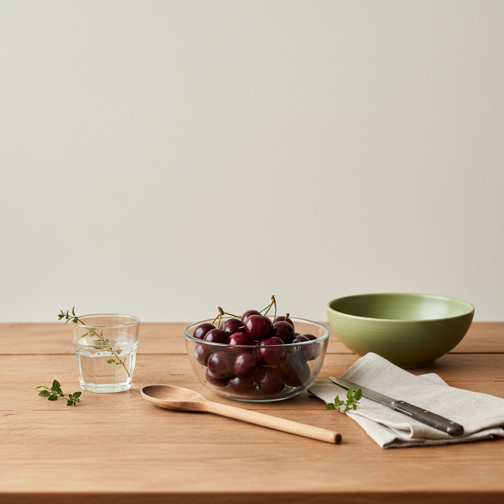 Rustikale europäische Küchenszene: Schale frischer Sauerkirschen auf minimalistisch gedecktem Holztisch. Wie viele Sauerkirschen darf man pro Tag essen?