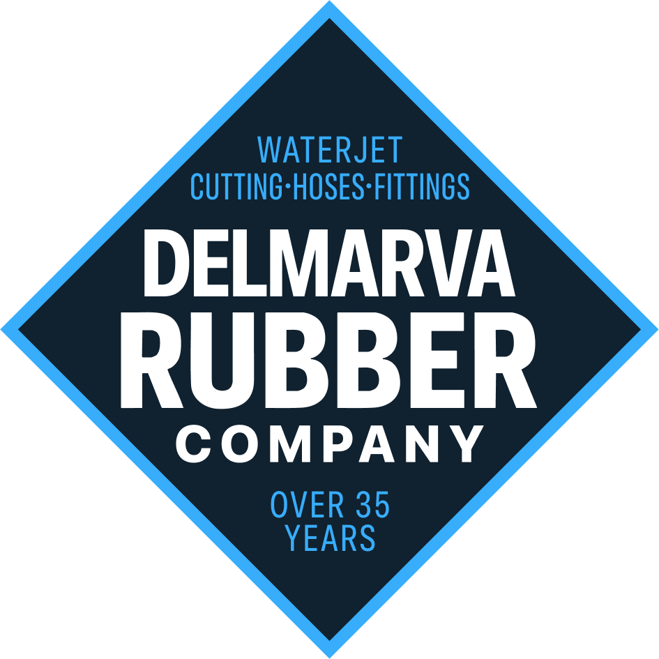 Delmarva Rubber Company logo with text: Waterjet Cutting Hoses Fittings, Over 35 Years.