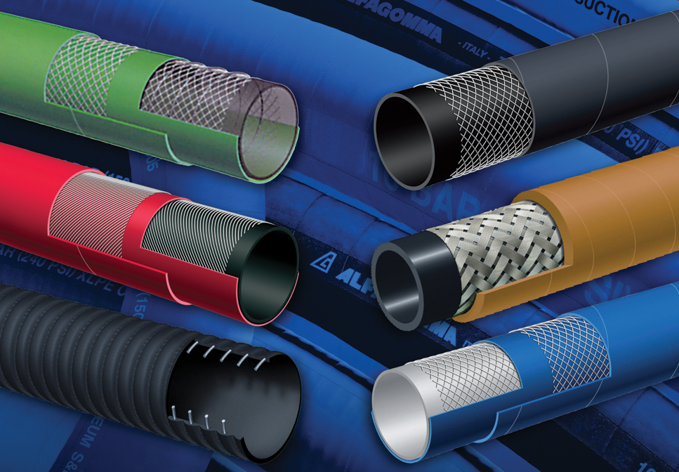 Illustration of six industrial hoses in various colors with cross-sectional views showing different internal layers and reinforcements.
