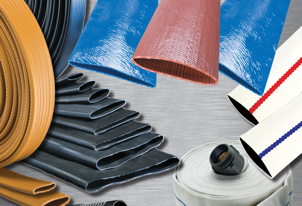 Various industrial hoses in different colors and textures, some coiled and others laid flat on a metallic surface.