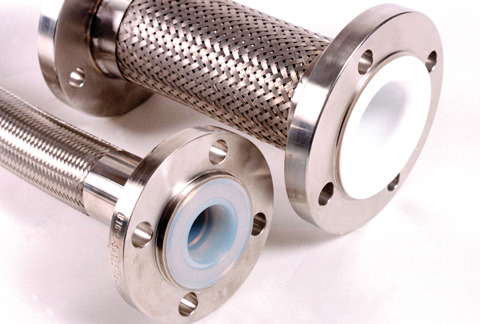 Two stainless steel braided flexible hoses with flanged ends on a white background.