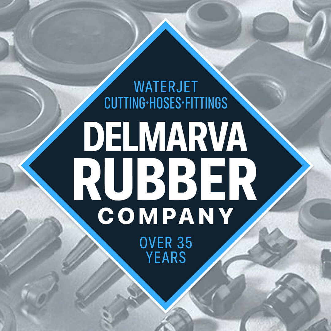Delmarva Rubber Company logo in a diamond shape with text about waterjet cutting, hoses, fittings, and over 35 years of experience, on a background of rubber parts.