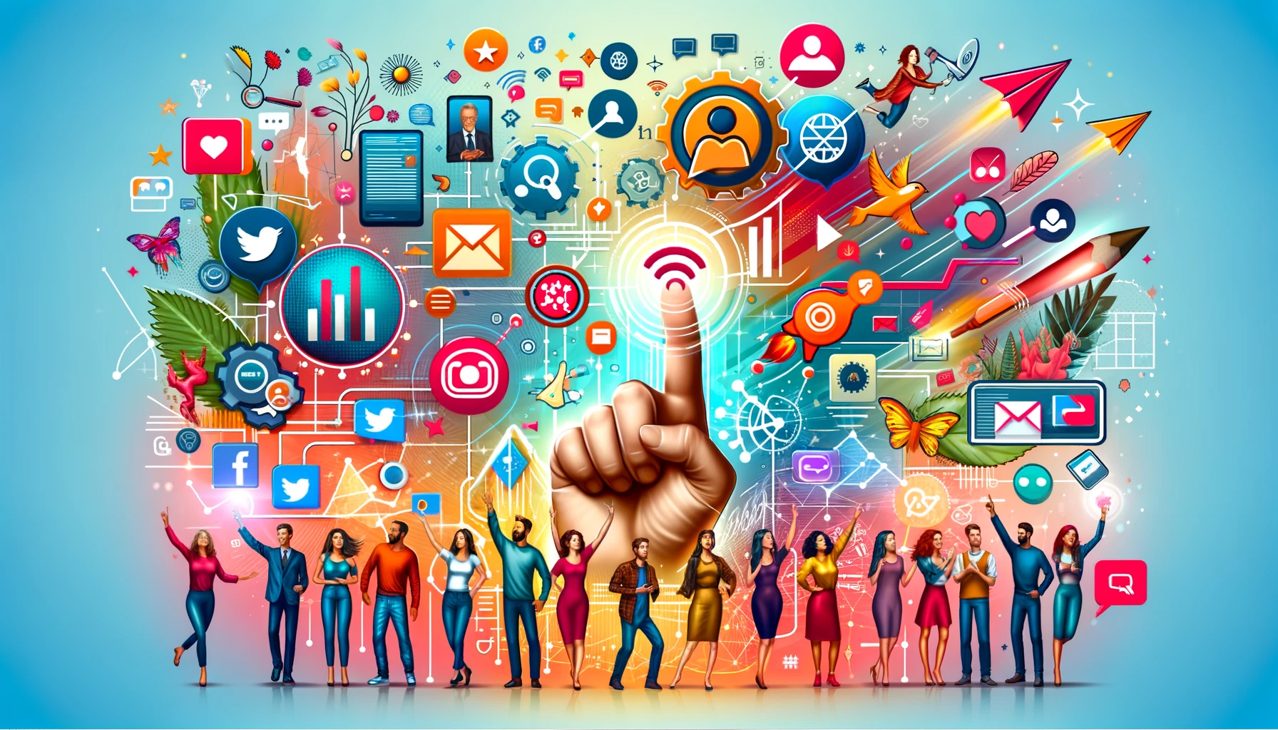 an image of people and social media interactions and logos to represent influencer marketing tips