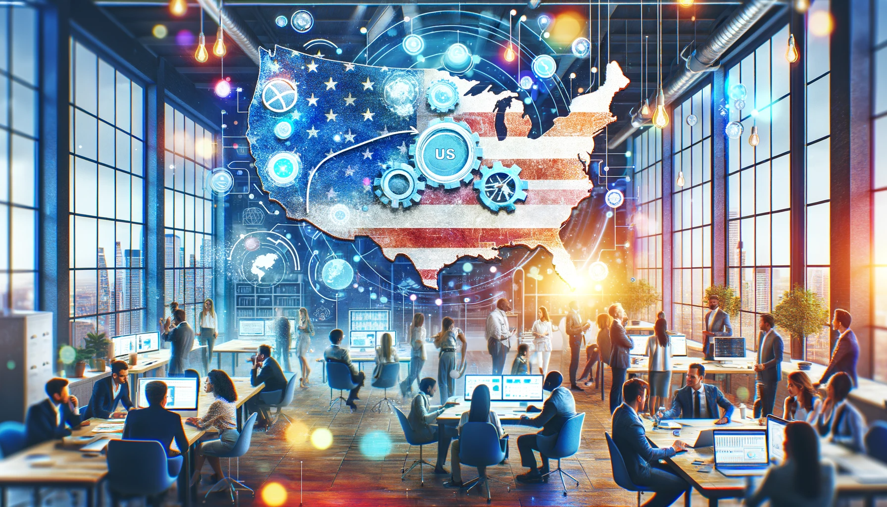 Dynamic Office Scene Illustrating Key Strategies from the Article 'How to Choose the Best Lead Generation Companies in the US? 5 Top Tips