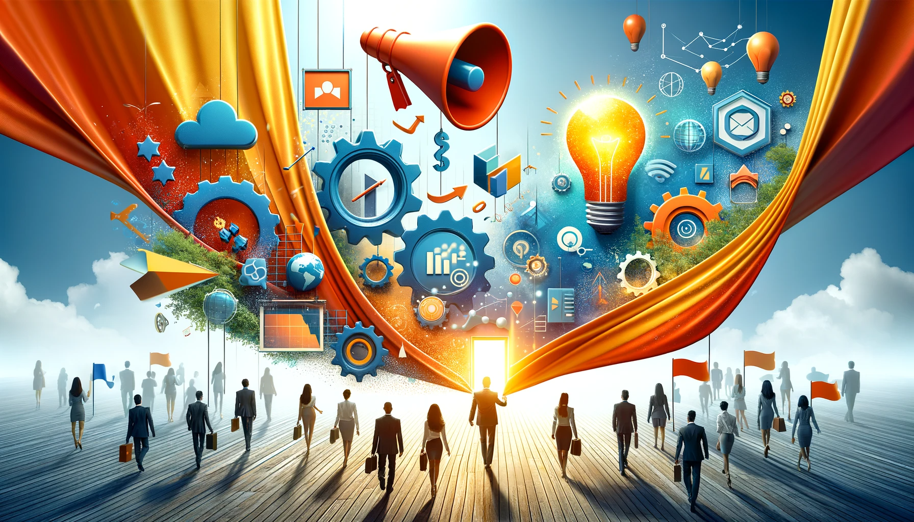 A vibrant and imaginative depiction of the transformational power of brand management, featuring abstract elements in #689fb0, #9ec5d1, #6972ad, #474f91, and #fff, reflecting Marketing.biz's innovative approach.