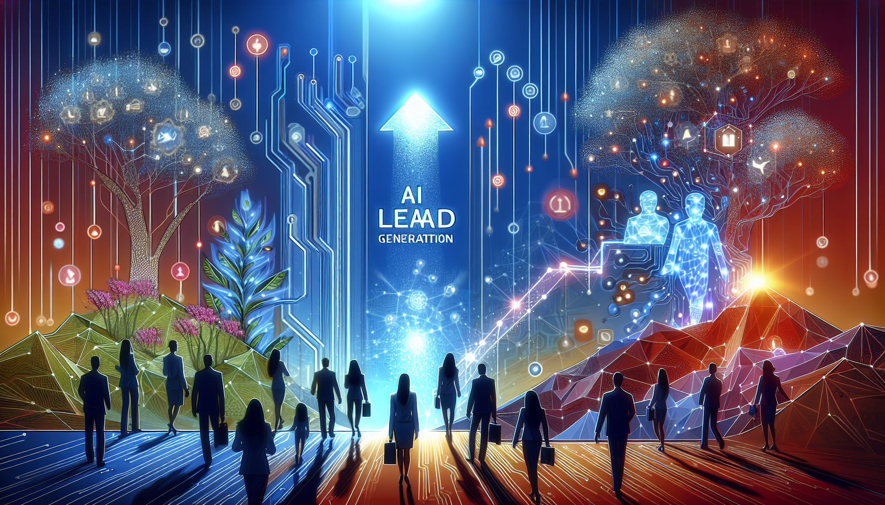 an image of entrepreneurs engaged in AI lead generation, representing the theme 'How AI Lead Generation Fuels Your Adventure'. The scene features a diverse group in a dynamic business environment, with digital networks and circuits symbolizing technology integration. Vibrant colors '#689fb0', '#9ec5d1', '#6972ad', '#474f91', and '#fff' create an energetic atmosphere. Visual elements like upward arrows and blooming plants signify business growth and success, embodying a positive, motivating, and futuristic tone of AI-driven ventures.