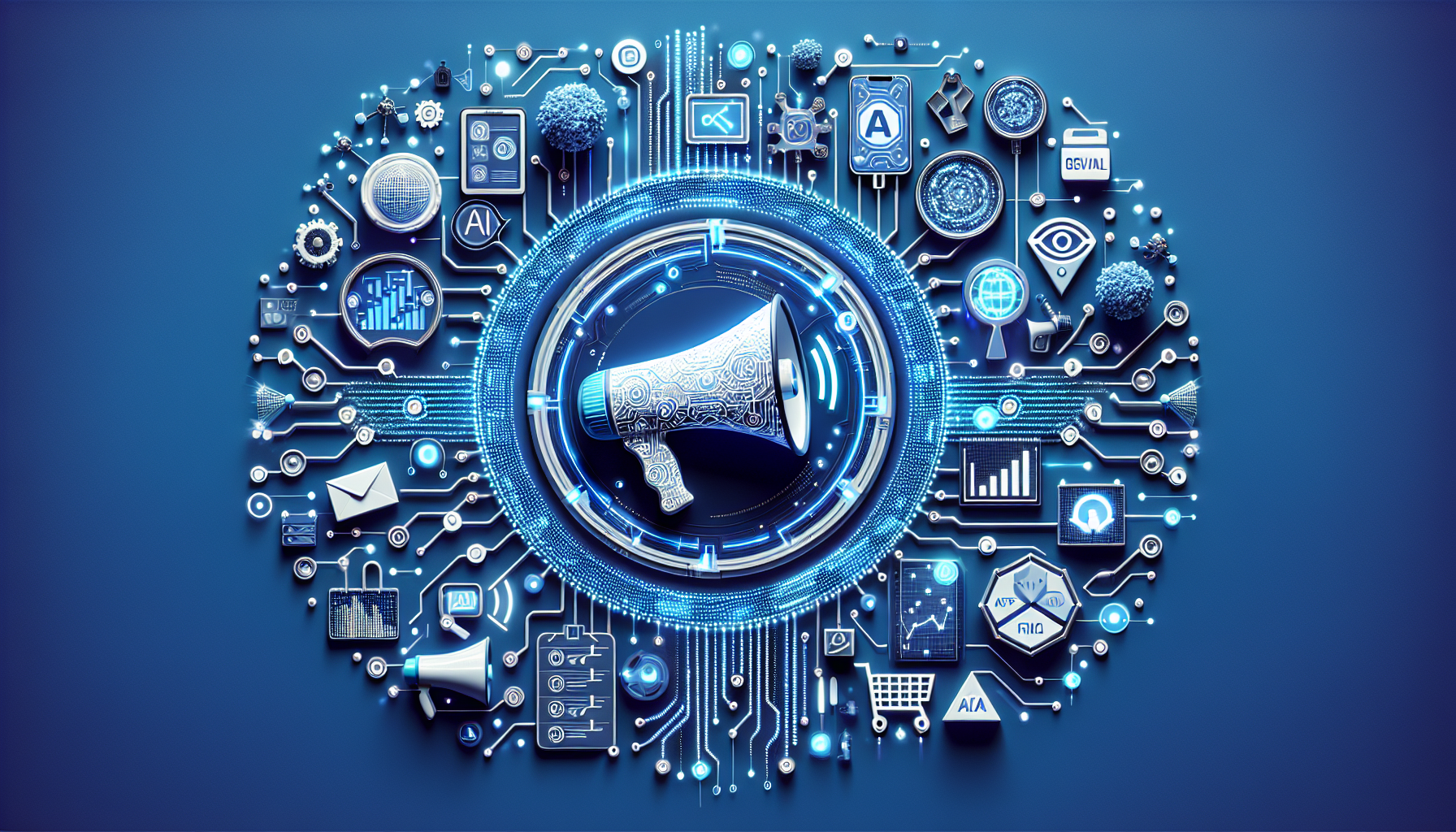 an image of futuristic AI and business innovation elements with a digital network pattern, marketing symbols like a megaphone, shopping cart, and data graph, using colors #689fb0, #9ec5d1, #6972ad, #474f91, and white, representing 'What 8 Pioneers Love About AI Marketing'