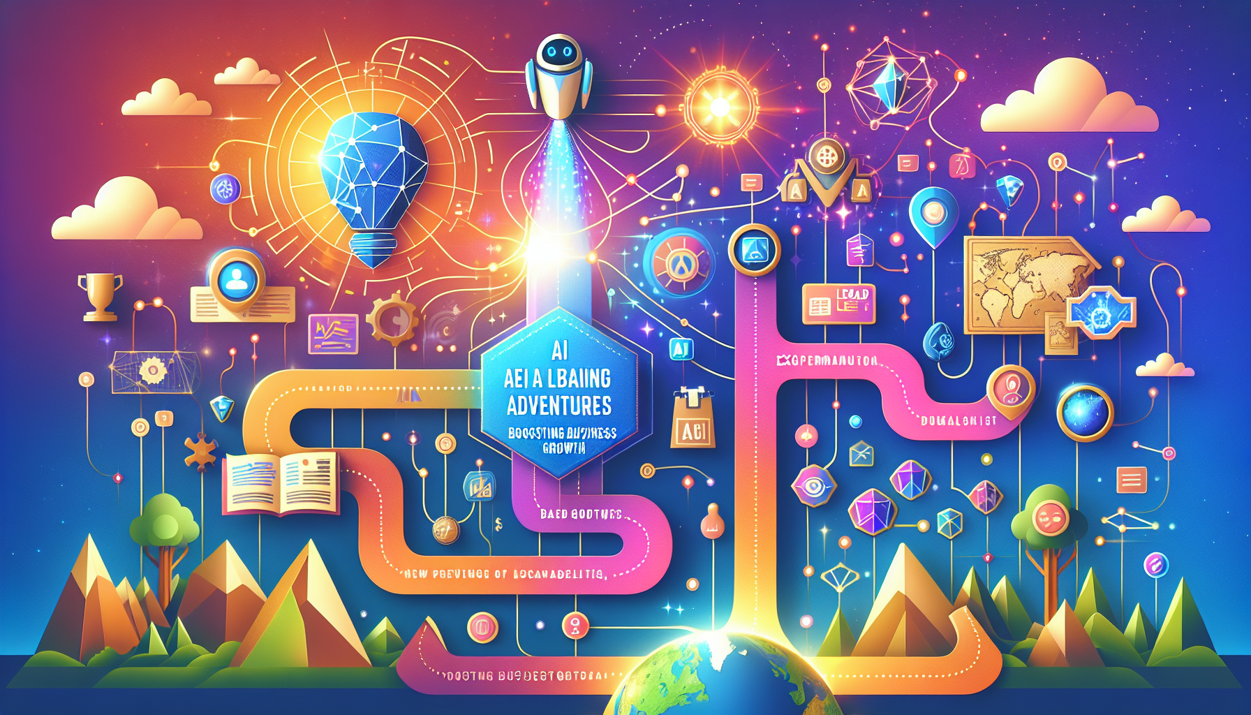 an image of AI technology elements like digital networks, chatbots, and data analytics symbols representing Guide to 6 AI Lead Adventures Boosting Your Business