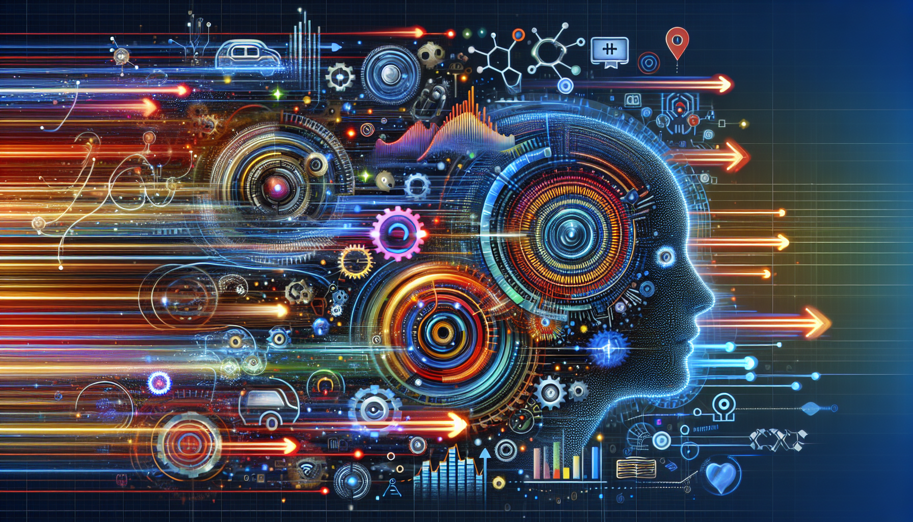an image of AI integrated with marketing tools representing speed, efficiency, and personalization, showcasing digital graphs, network nodes, gears, and personalized customer interactions, all in a futuristic and innovative design with colors '#689fb0', '#9ec5d1', '#6972ad', '#474f91', and '#fff'.