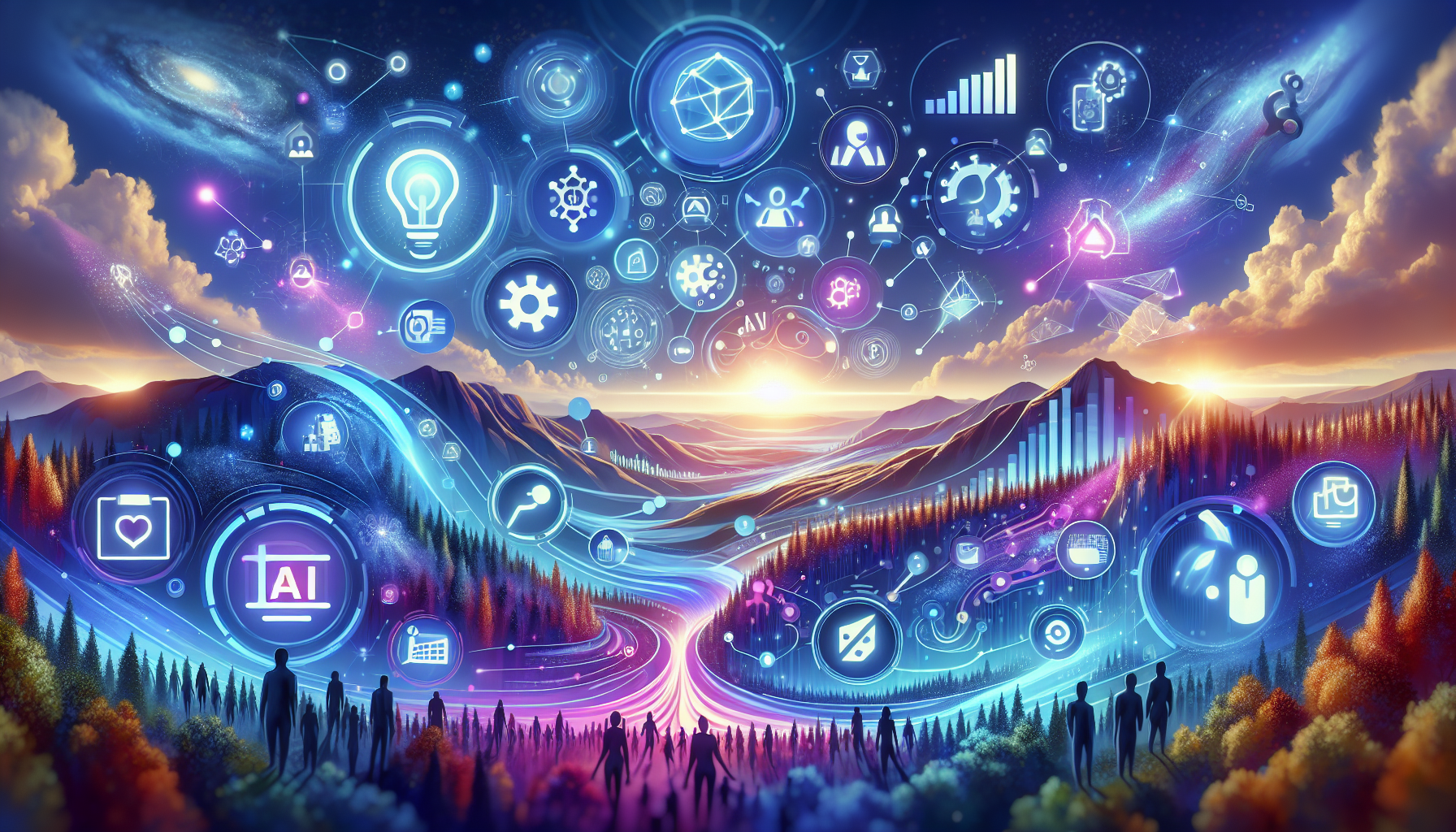 an image of a vibrant and captivating 16:9 scene representing the synergy of AI technology and adventurous marketing, featuring a dynamic, futuristic landscape symbolizing the transformative journey through AI marketing. It includes abstract representations of six AI marketing techniques: predictive analytics, chatbots, content generation, personalization, image recognition, and automated insights, with elements like glowing data streams, digital assistants, and engaging content icons. Silhouettes of entrepreneurs and businesses thriving in this innovative environment emphasize the adventure and excitement of embracing AI marketing. The image highlights connectivity and creativity through interwoven patterns and digital motifs, using a color palette of #689fb0, #9ec5d1, #6972ad, #474f91, and #fff to evoke innovation and clarity, inspiring progress and possibility in enhancing business success and customer experiences through AI-driven marketing adventures.