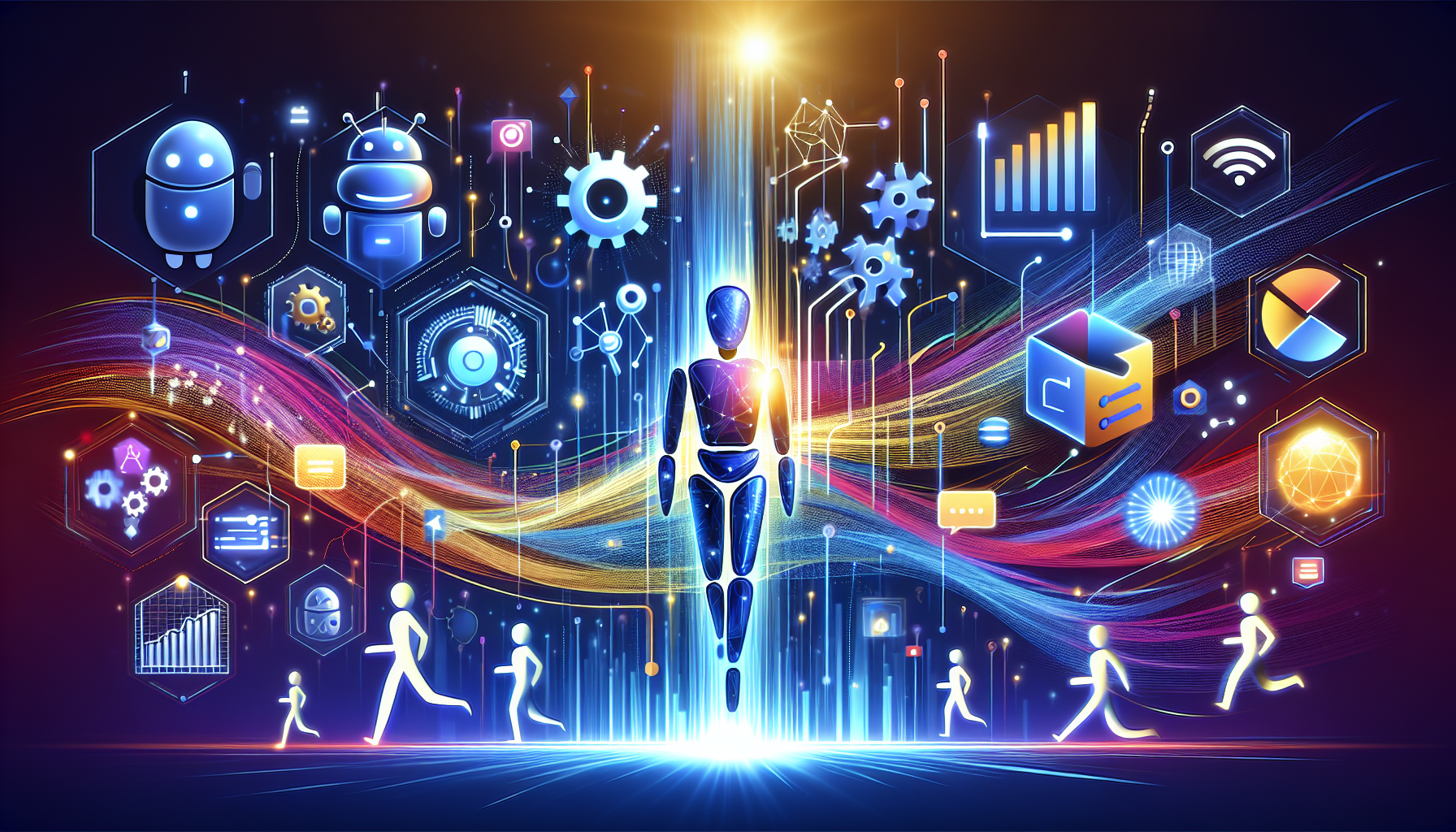 An image of a futuristic, tech-savvy scene representing "Exciting AI Lead Generation: 6 Strategies" with AI technologies like chatbots, data analytics, and automation. Flowing lines depict connectivity and data flow. The color palette includes hex colors #689fb0, #9ec5d1, #6972ad, #474f91, and #fff. Diverse professionals interact with AI tools, symbolizing efficiency and innovation. Keywords "AI Lead Generation" and "Innovative Marketing" are subtly highlighted, inspiring curiosity and emphasizing AI's transformative potential in lead generation.