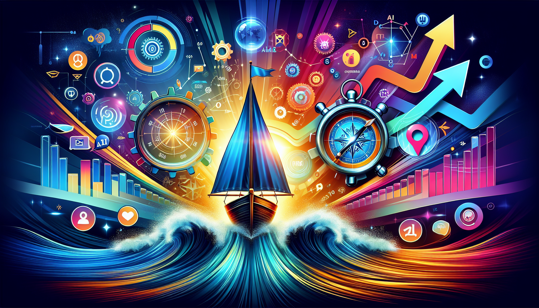 an image of a futuristic compass guiding a business ship through digital waves, representing AI marketing as a game-changing tool in business adventures. The color palette includes hex codes ['#689fb0', '#9ec5d1', '#6972ad', '#474f91', '#fff']. Symbols like gears, data streams, and personalized messages highlight efficiency, personalization, and innovation, while abstract elements suggest predictive analytics and automated content creation.