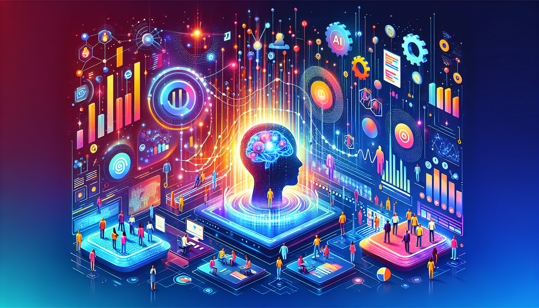 an image of a futuristic business environment with AI elements representing How to Drive AI Lead Generation Success: 5 Tips