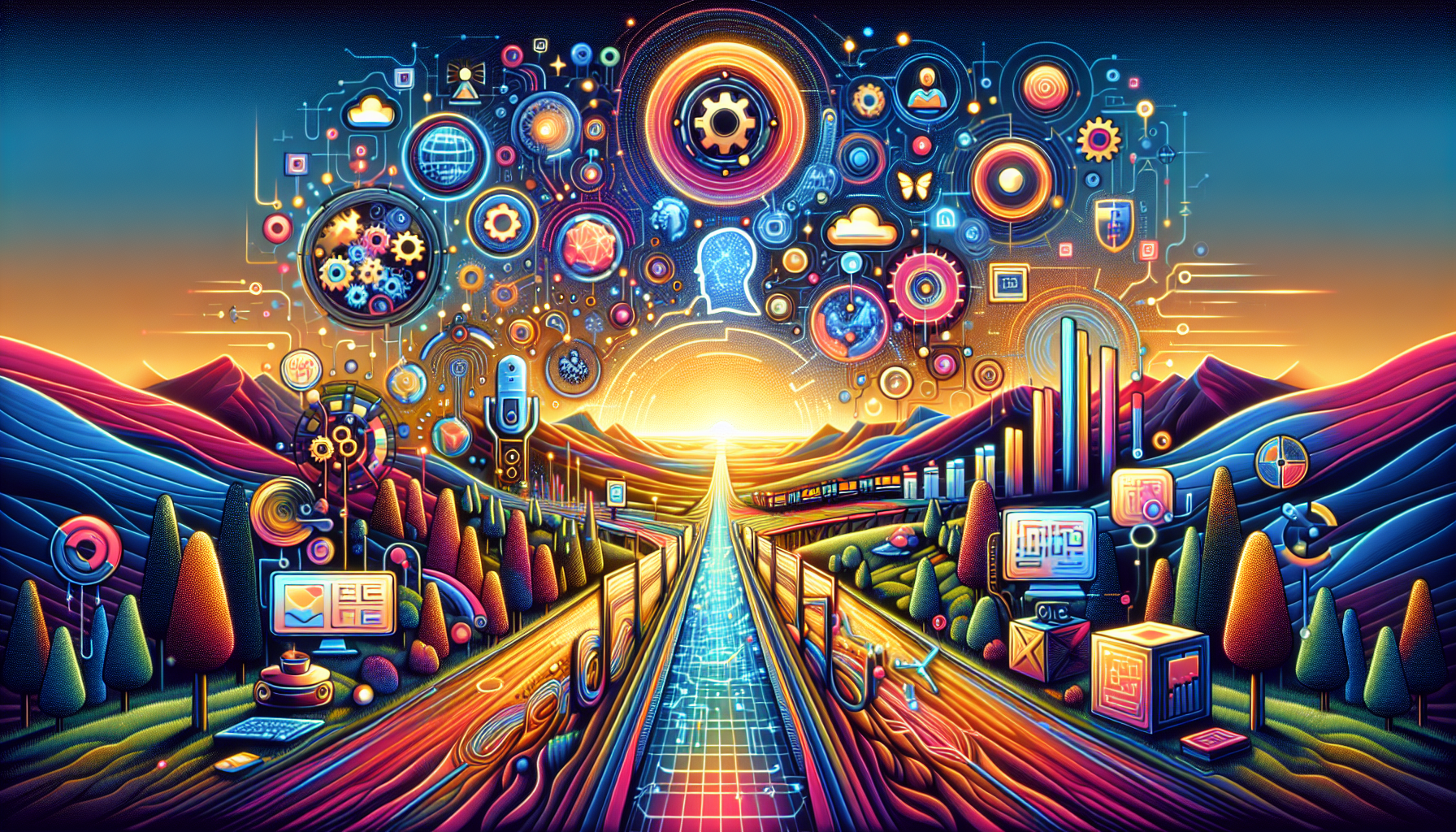 An image of a vibrant 16:9 landscape representing AI-driven adventure in lead generation. The scene features a futuristic map with landmarks symbolizing machine learning, natural language processing, predictive analytics, and chatbots. The color palette includes shades of blue and white, creating a cohesive and engaging visual. Elements like gears, digital pathways, and abstract human-AI interactions symbolize efficiency, personalization, and insights. Subtle hints of movement and progress convey an adventurous exploration into AI lead generation, aligning with the article 'Guide: 5 Adventurous Ways to AI Lead Generation'.