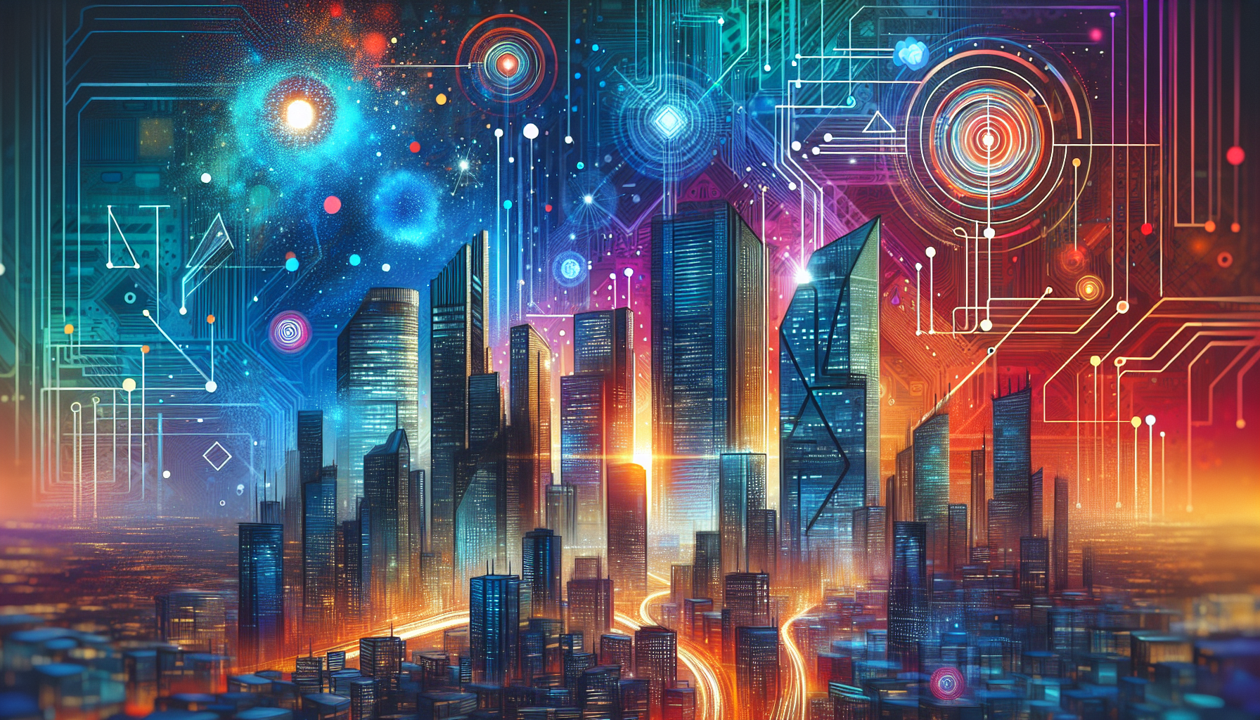 an image of a futuristic cityscape representing transformation and innovation in business, featuring abstract digital patterns and neural networks to signify AI's role in lead generation. The scene includes business professionals interacting with digital interfaces, highlighting AI's impact on customer acquisition and business strategy. The color palette used consists of hex codes ['#689fb0', '#9ec5d1', '#6972ad', '#474f91', '#fff'], creating a harmonious and modern look. This image aligns with the themes of the article 'How AI Lead Generation Transforms Your Vision,' conveying a sense of forward-thinking and potential.