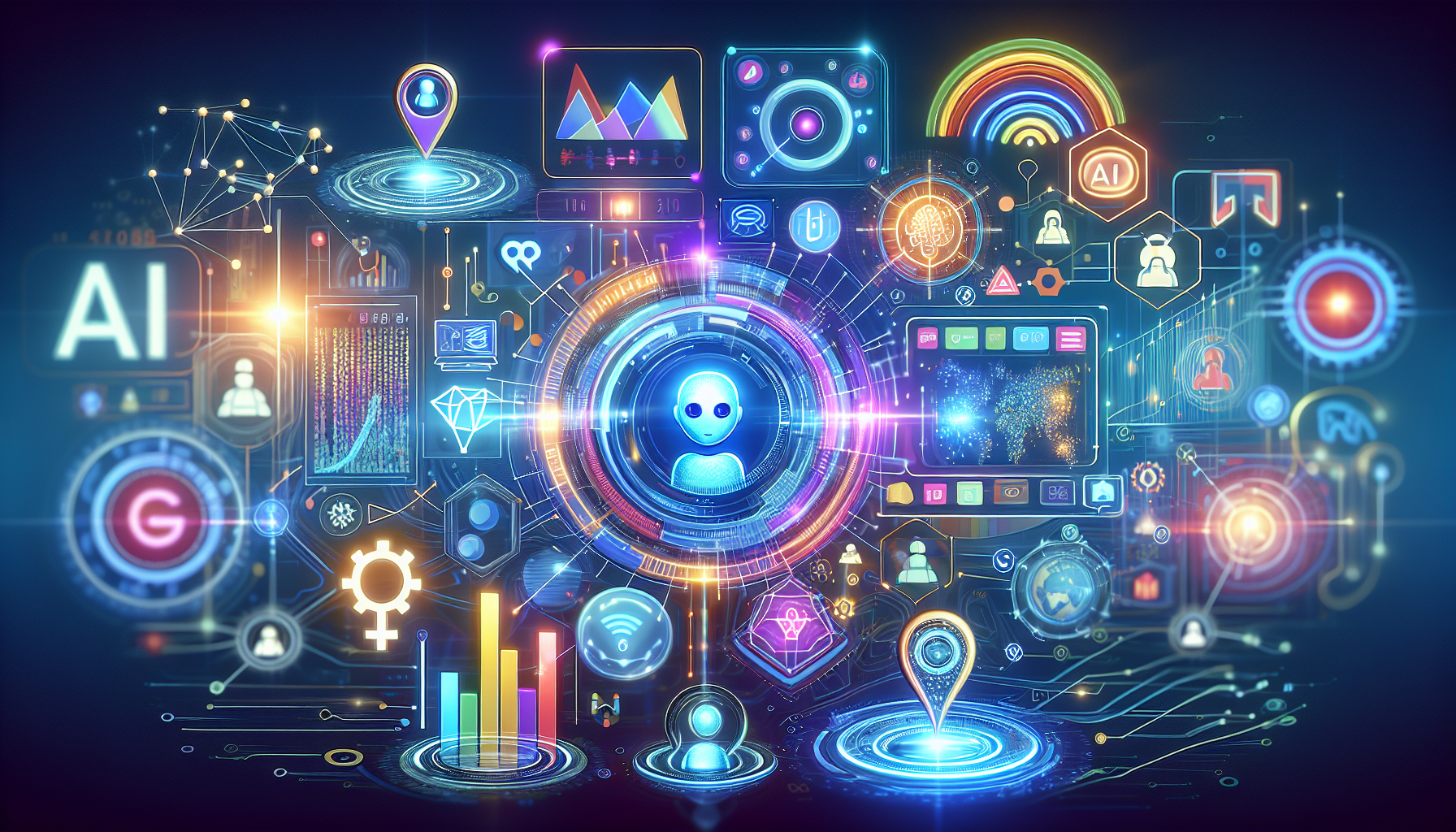 an image of a vibrant and futuristic digital illustration representing AI lead generation trends in marketing, featuring dynamic chatbots and virtual assistants as floating holographic interfaces, predictive analytics with interconnected data streams and glowing graphs, and hyper-personalization with diverse digital personas, using a color palette of #689fb0, #9ec5d1, #6972ad, #474f91, and #fff to convey advanced technology and innovation.