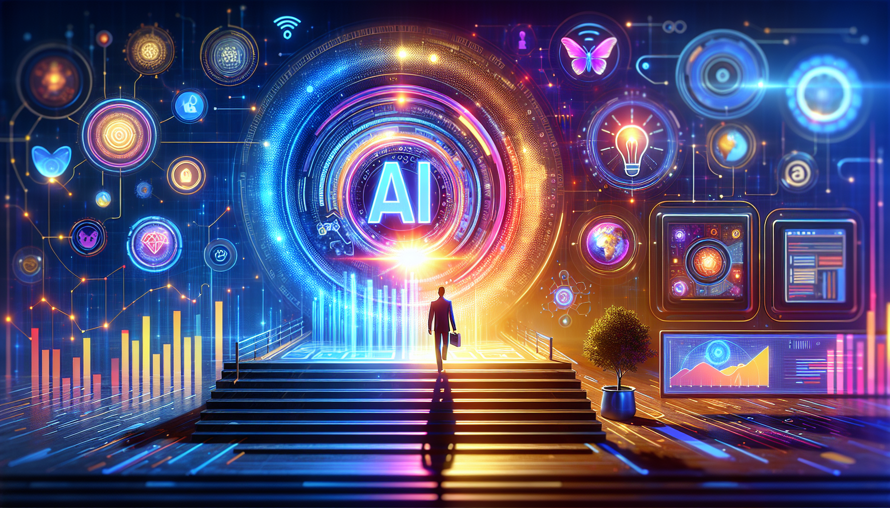 an image of AI marketing as a catalyst for business growth, representing innovation, efficiency, digital interfaces, data-driven insights, personalized customer interactions, automation, cost-effectiveness, and scalability in a futuristic and vibrant style with colors #689fb0, #9ec5d1, #6972ad, #474f91, and #fff