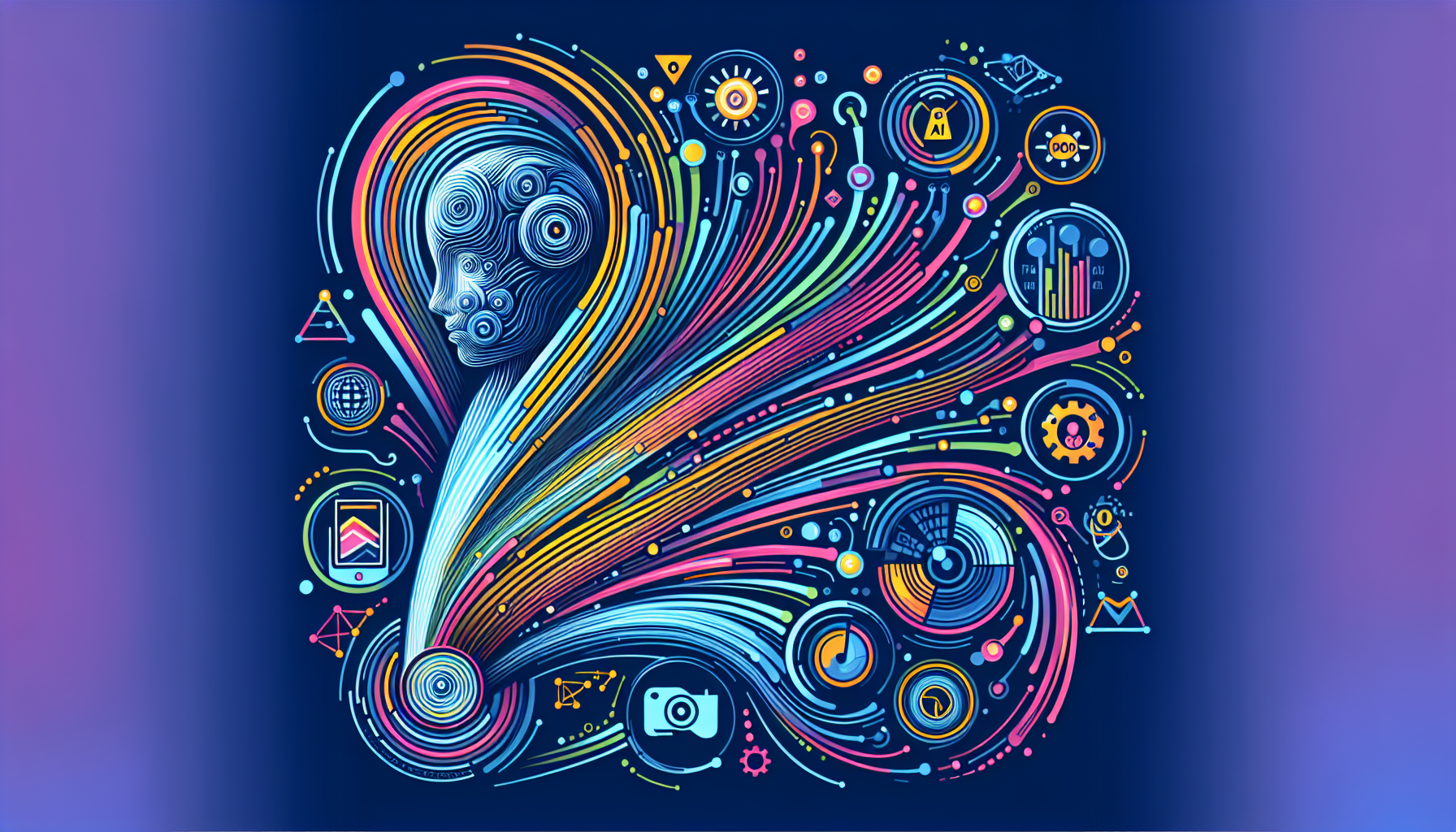 A vibrant 16:9 digital illustration titled 'Guide to 7 Thrilling AI Marketing Decisions.' The image showcases the transformative power of AI in marketing with abstract representations of AI integrating with marketing elements. Dynamic swirling lines of data flow into icons for Personalized Experiences, Predictive Analytics, Enhanced Content Creation, Optimized Social Media Strategies, Efficient Ad Targeting, Streamlined Customer Support, and Data-Driven Decision Making. The color palette includes '#689fb0', '#9ec5d1', '#6972ad', '#474f91', and '#fff', creating a cohesive, modern, and tech-forward design.