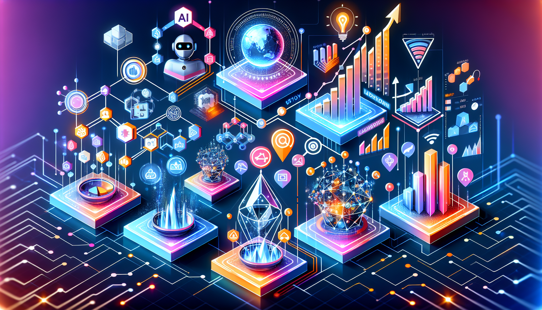 an image of a futuristic digital landscape representing How AI Enhances Lead Gen: 6 Exciting Strategies with hex colors ['#689fb0', '#9ec5d1', '#6972ad', '#474f91', '#fff']. The landscape features interconnected geometric patterns symbolizing efficiency and connectivity, with visual elements for predictive analytics, chatbots, automated content creation, AI-driven personalization, lead scoring, and sales forecasting. The composition conveys innovation and forward-thinking in SMBs' lead generation.