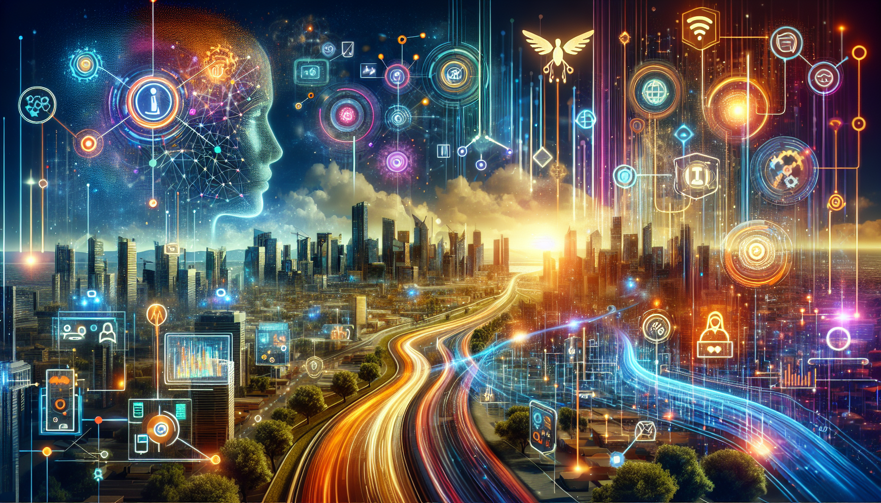 an image of AI lead generation transforming business growth, showcasing technology fusion, futuristic elements, city skyline, and digital landscape, in a color palette of #689fb0, #9ec5d1, #6972ad, #474f91, #fff, representing Why AI Lead Generation Transforms Your Vision: 5 Ways