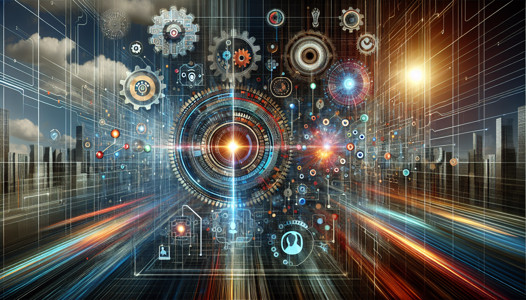an image of a futuristic business scene with data streams, gears, circuit patterns, and abstract icons representing AI lead generation, set in a sleek digital environment with skyscrapers, using a color palette of '#689fb0', '#9ec5d1', '#6972ad', '#474f91', '#fff', evoking excitement and optimism, representing the theme '7 Exciting Ways AI Lead Generation Transforms Biz'.