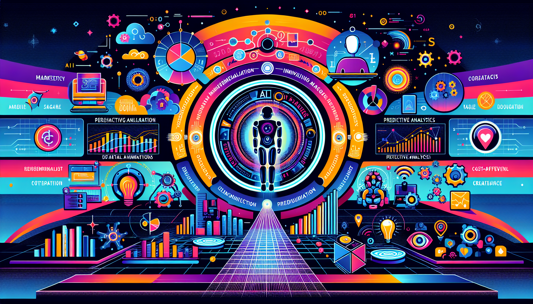 A vibrant digital illustration representing 'Guide: 7 Benefits of AI in Marketing Adventure'. The scene depicts a futuristic AI-powered marketing landscape, showcasing robots performing tasks, diverse customer profiles receiving personalized messages, and stylized charts symbolizing data-driven insights. Interactive interfaces with chatbots highlight enhanced engagement, while futuristic screens forecast trends, and a scaling balance conveys cost-effectiveness. A creative workspace emphasizes innovation. The background blends soft blue, light teal, darker hues, and white, with subtle digital marketing tool references, embodying a dynamic and forward-thinking marketing adventure.