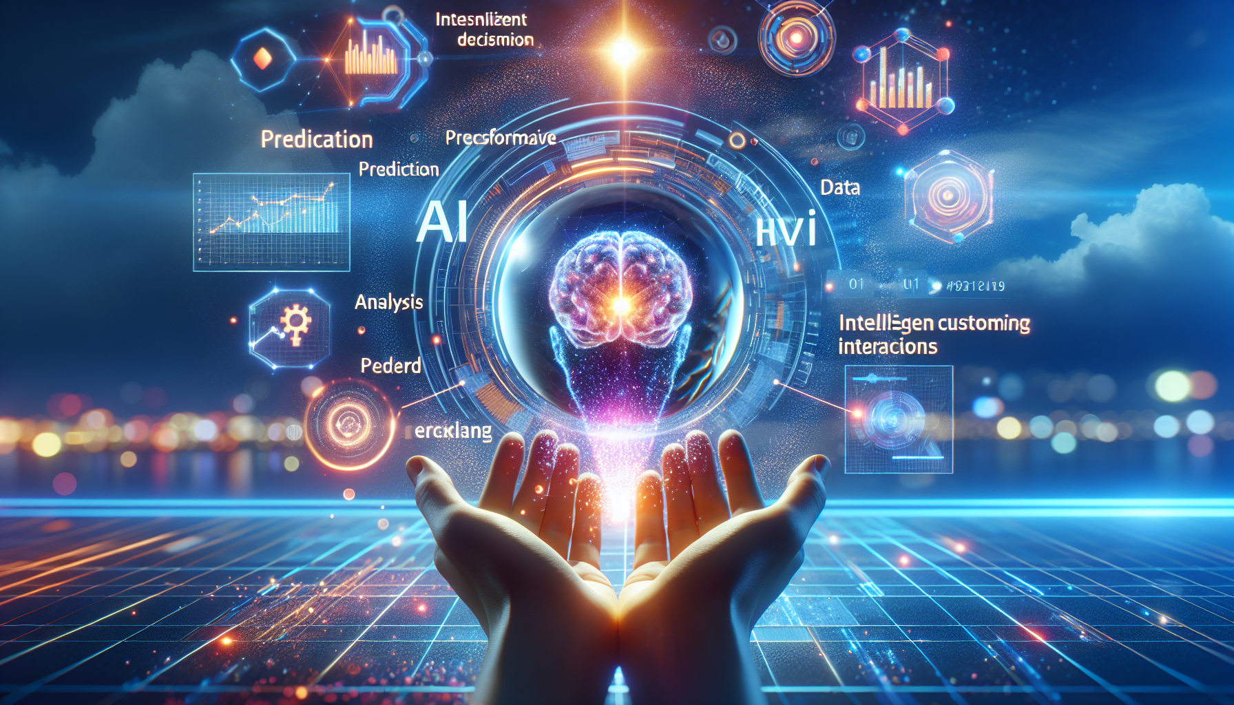 an image of a futuristic digital landscape representing AI marketing with elements like a crystal ball, data charts, and a glowing AI brain, symbolizing trend prediction, data analysis, and intelligent decision-making. The image includes personalized customer interactions, individualized messaging, and tailored offers, using the hex colors ['#689fb0', '#9ec5d1', '#6972ad', '#474f91', '#fff'] to reflect cutting-edge technology and creativity. The image is for the article titled '10 Reasons Why Choose AI Marketing Adventure'.