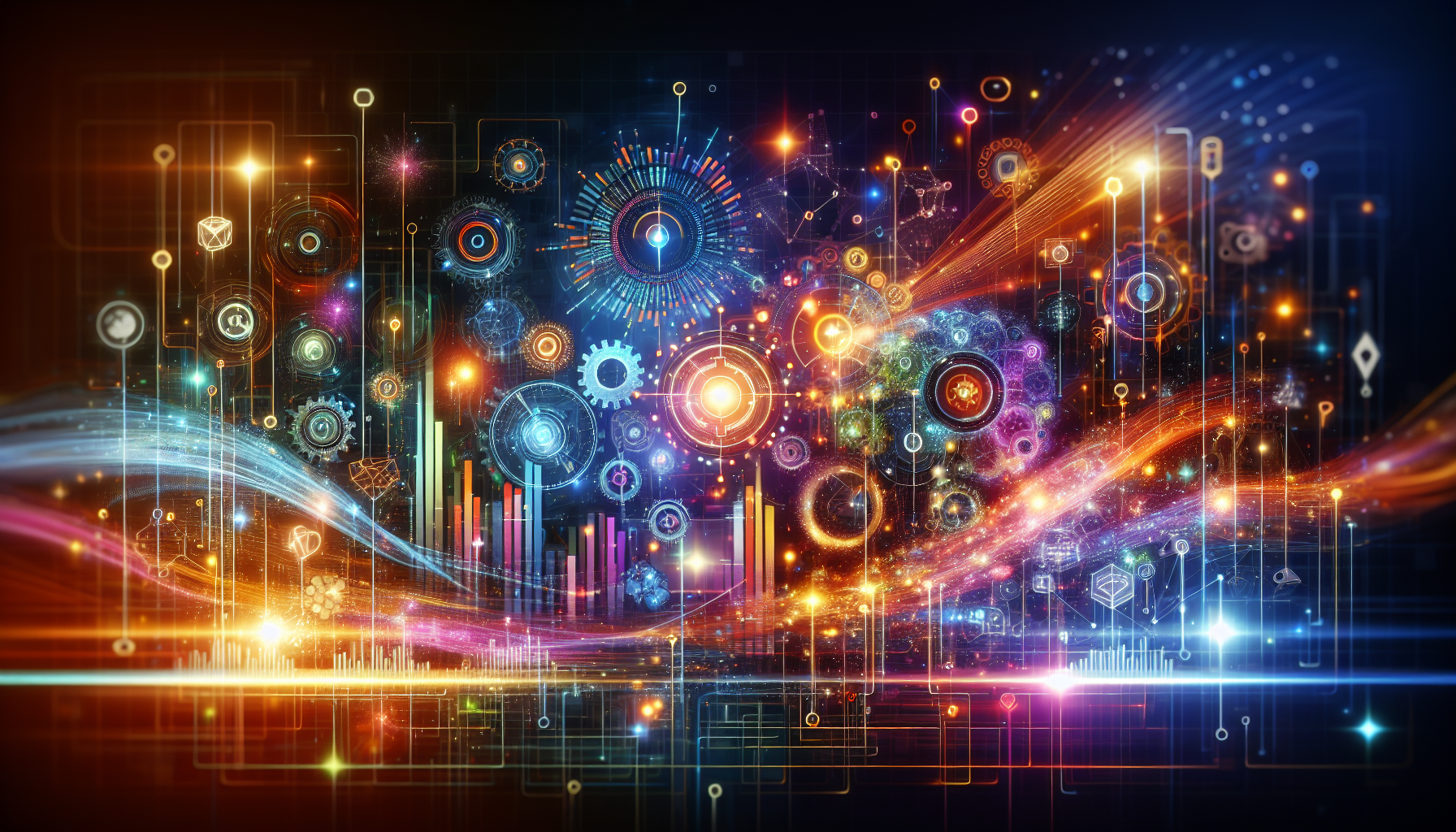 an image of AI marketing boosting business strategies, featuring abstract elements like digital data streams, gears, and glowing lines blending with marketing elements like graphs and charts, representing the synergy of technology and marketing. The image uses a color palette of '#689fb0', '#9ec5d1', '#6972ad', '#474f91', and '#fff', highlighting themes of personalization and data-driven decisions in a futuristic and inspiring manner.