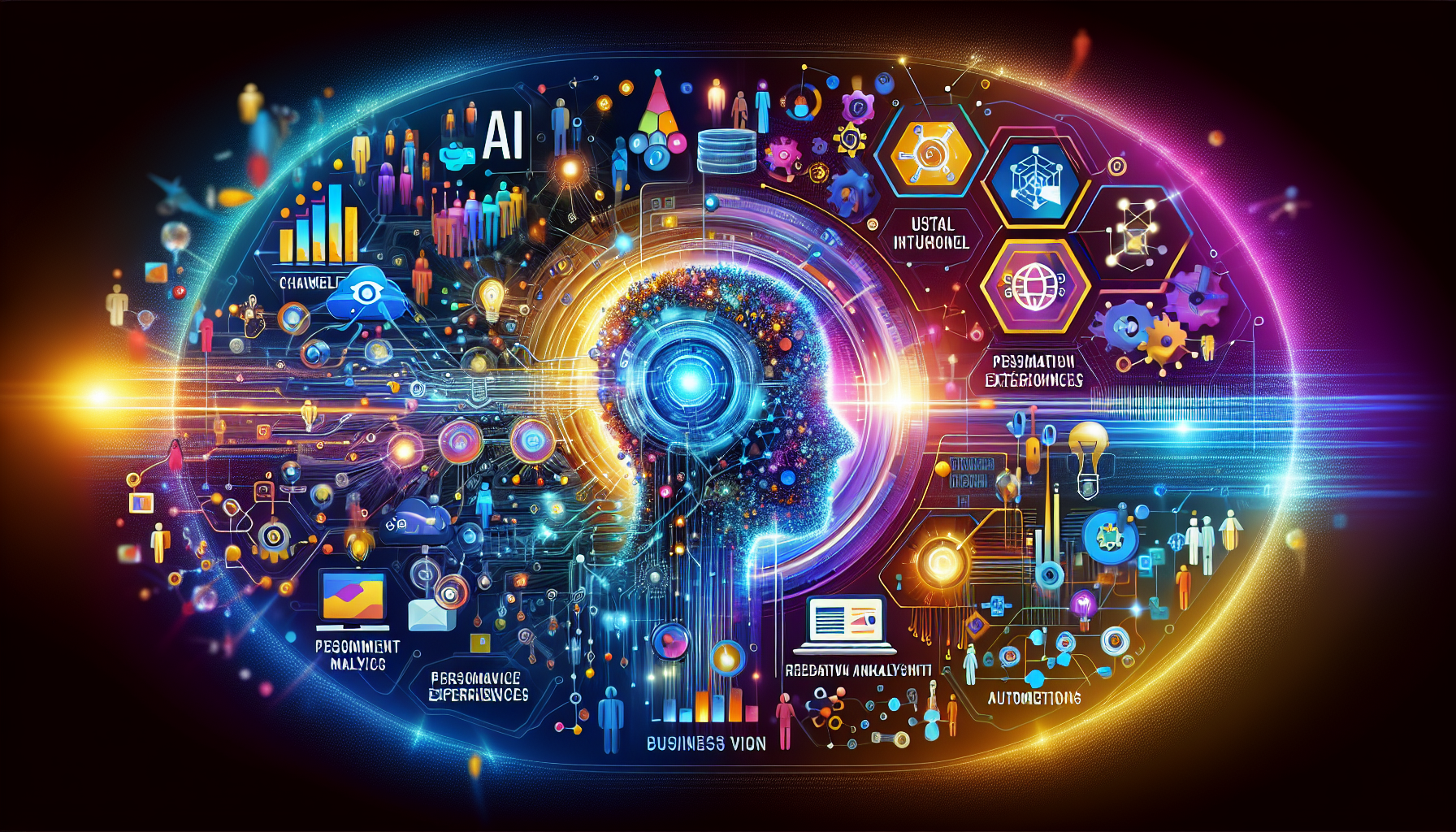 an image of a vibrant and futuristic business environment showcasing the transformative power of AI marketing. It features AI's role in personalizing customer experiences, leveraging predictive analytics, and automating processes. The color palette includes hues of #689fb0, #9ec5d1, #6972ad, #474f91, and #fff, creating a modern and sophisticated feel. Visual elements include interconnected digital networks, dynamic data flows, and customer engagement interfaces. Abstract representations of AI technology are seamlessly integrated into business environments, symbolizing strategic foresight and innovation. The composition is dynamic and engaging, encapsulating the synergy of AI-driven marketing strategies.