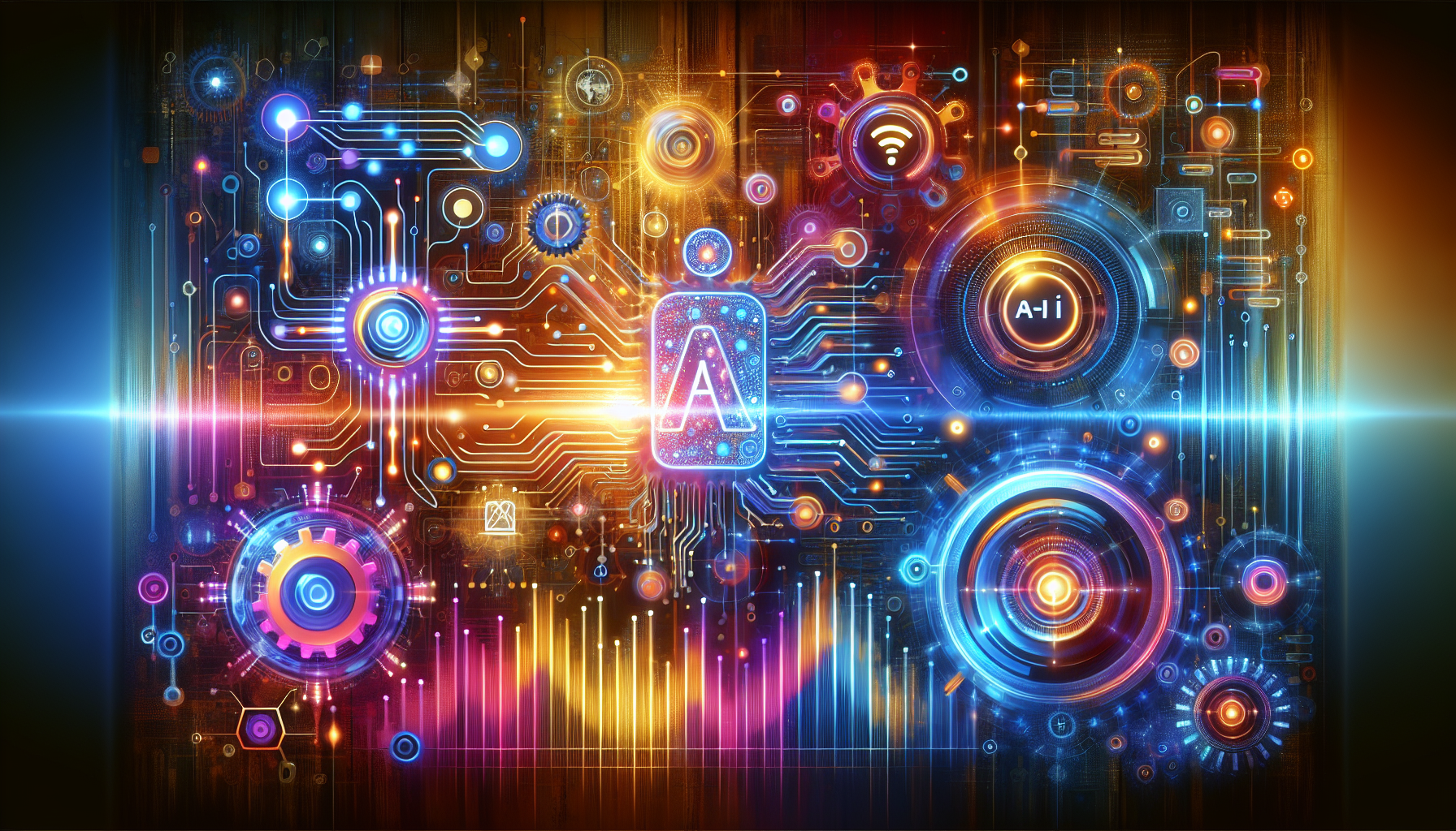 An image of a vibrant and dynamic digital landscape representing AI Lead Generation with the title "Guide to 5 Visionary AI Lead Generation Strategies". It features abstract motifs like circuit patterns, data streams, and audio waveforms symbolizing technologies such as automated chatbots, predictive analytics, AI-powered content creation, enhanced email marketing, and voice search optimization. The color palette includes modern and creative hues with hex codes ['#689fb0', '#9ec5d1', '#6972ad', '#474f91', '#fff']. The background suggests a network with elements like gears and abstract shapes, reflecting automation and innovation.