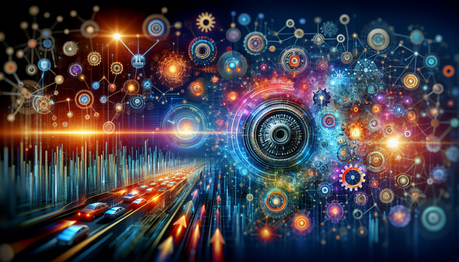 an image of various elements symbolizing AI technologies, such as digital gears, neural networks, and abstract data visualizations, representing Why AI Marketing Transforms Your Business Vision with SMBs thriving against larger corporate elements, using a color palette of #689fb0, #9ec5d1, #6972ad, #474f91, and bright accents of #fff, conveying innovation and limitless potential.