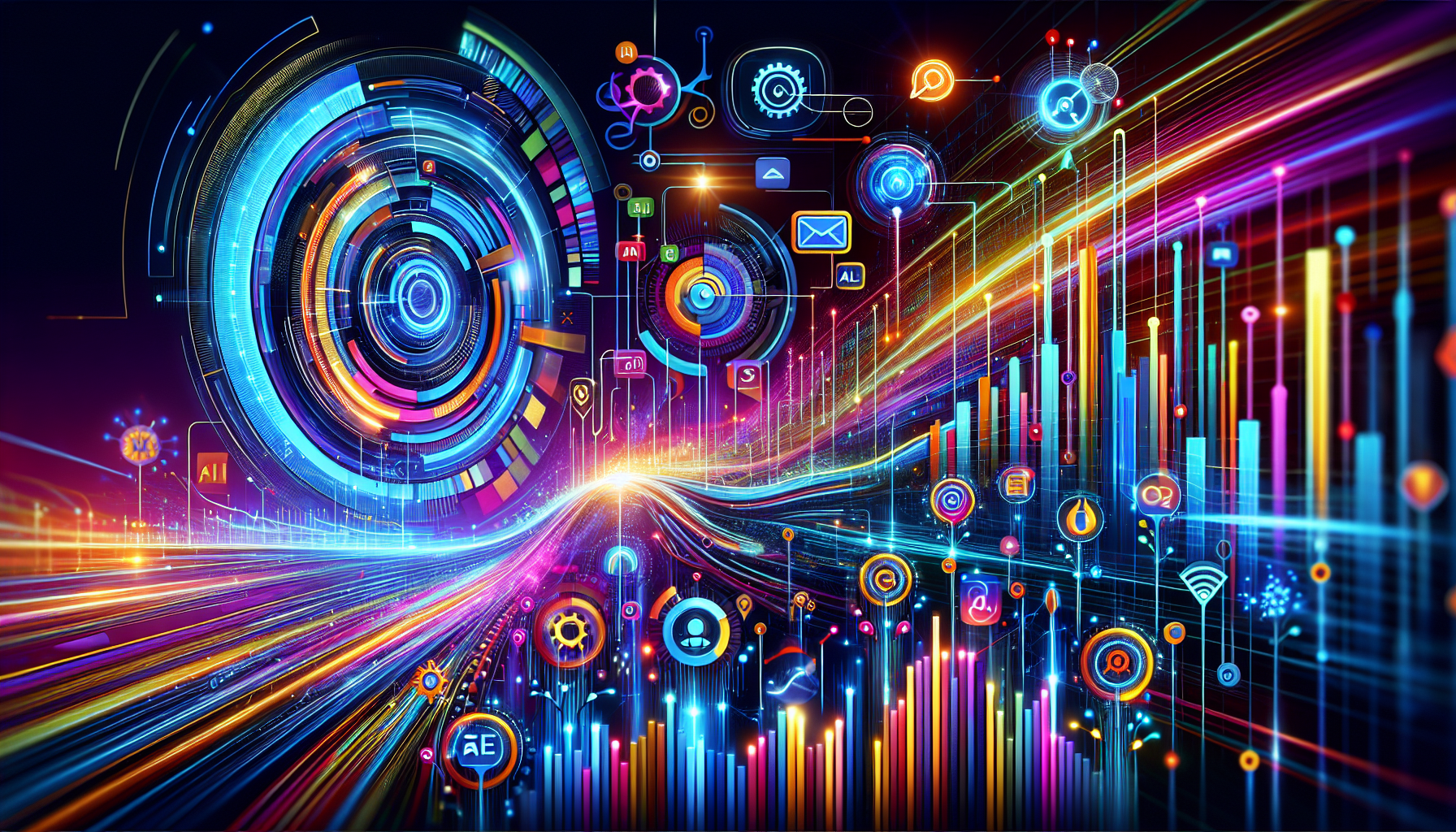 An image of a vibrant and futuristic scene representing AI-driven lead generation strategies. The image includes abstract data streams for predictive analytics, stylized chat bubbles for chatbots, dynamic content flows for personalization, email sequences for automation, social media icons for insights, scoring charts for lead scoring, search bars for SEO, and sound waves for voice search. The color palette features #689fb0, #9ec5d1, #6972ad, #474f91, and #fff, evoking innovation and technology.