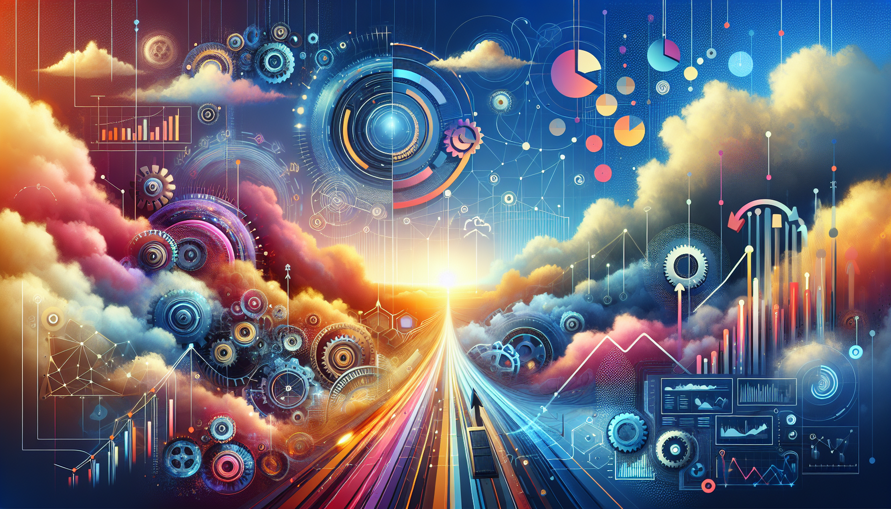 an image of a business landscape with AI elements representing How AI Marketing Drives Your Business Adventure
