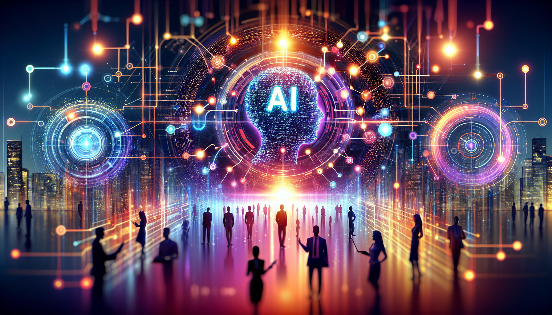 an image of a vibrant and futuristic scene representing AI lead generation for visionary firms. The design features a dynamic visual of AI-powered marketing strategies with a glowing network of interconnected nodes symbolizing data analytics and predictive insights. The color palette includes hex codes ['#689fb0', '#9ec5d1', '#6972ad', '#474f91', '#fff'], conveying innovation and sophistication. Abstract silhouettes of business professionals interacting with digital tools highlight enhanced customer engagement and data-driven decision-making. The background suggests a thriving business ecosystem with elements of growth and transformation, emanating forward-thinking and technological advancement.