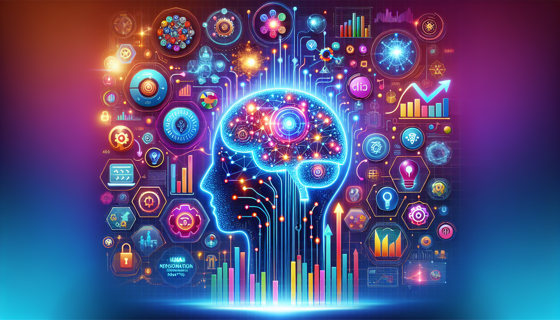 an image of a digital brain symbolizing AI, surrounded by dynamic elements representing personalization, analytics, and automation processes. The color palette of #689fb0, #9ec5d1, #6972ad, #474f91, and #fff creates a bright, futuristic feel. Subtle symbols of business growth like upward arrows or bar graphs illustrate success in AI marketing, balancing technological sophistication with human interaction, as highlighted in 'Review: 5 Reasons AI Marketing Fuels Success'.