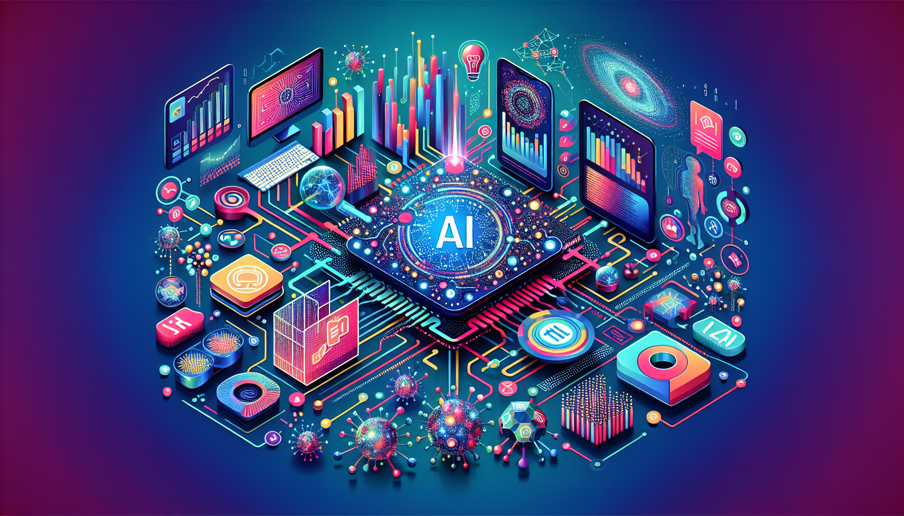 an image of AI marketing's transformative power representing automation, personalization, efficiency, predictive insights, and digital transformation for SMBs with elements of digital interfaces, neural networks, abstract data patterns, creativity, and innovation in marketing, using a color palette of #689fb0, #9ec5d1, #6972ad, #474f91, #fff