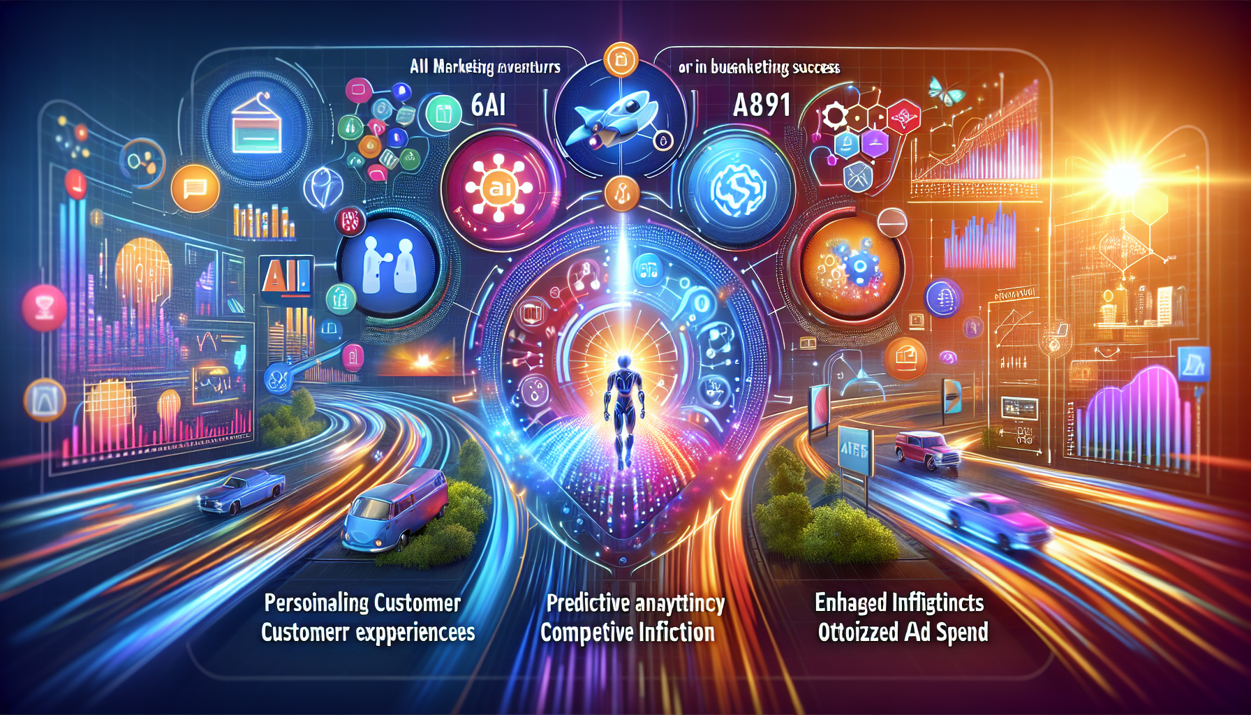 an image of a futuristic digital landscape illustrating the dynamic impact of AI marketing, representing Personalized Customer Experiences, Predictive Analytics, Automated Efficiency, Competitive Insights, Enhanced Content Creation, and Optimized Ad Spend, with vibrant colors and digital patterns to convey innovation and success