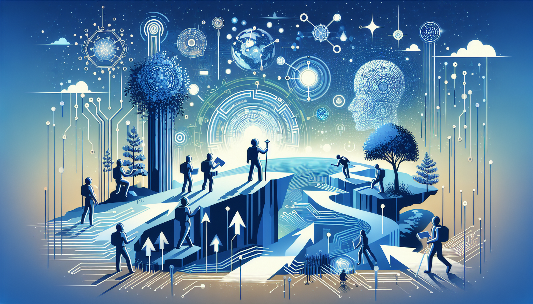 an image of a vibrant and compelling 16:9 scene representing '7 Adventure-Driven AI Lead Gen Tips' with a digital map and compass guiding through digital landscapes, futuristic AI symbols, diverse digital explorers, and growth symbols in a cohesive blue palette