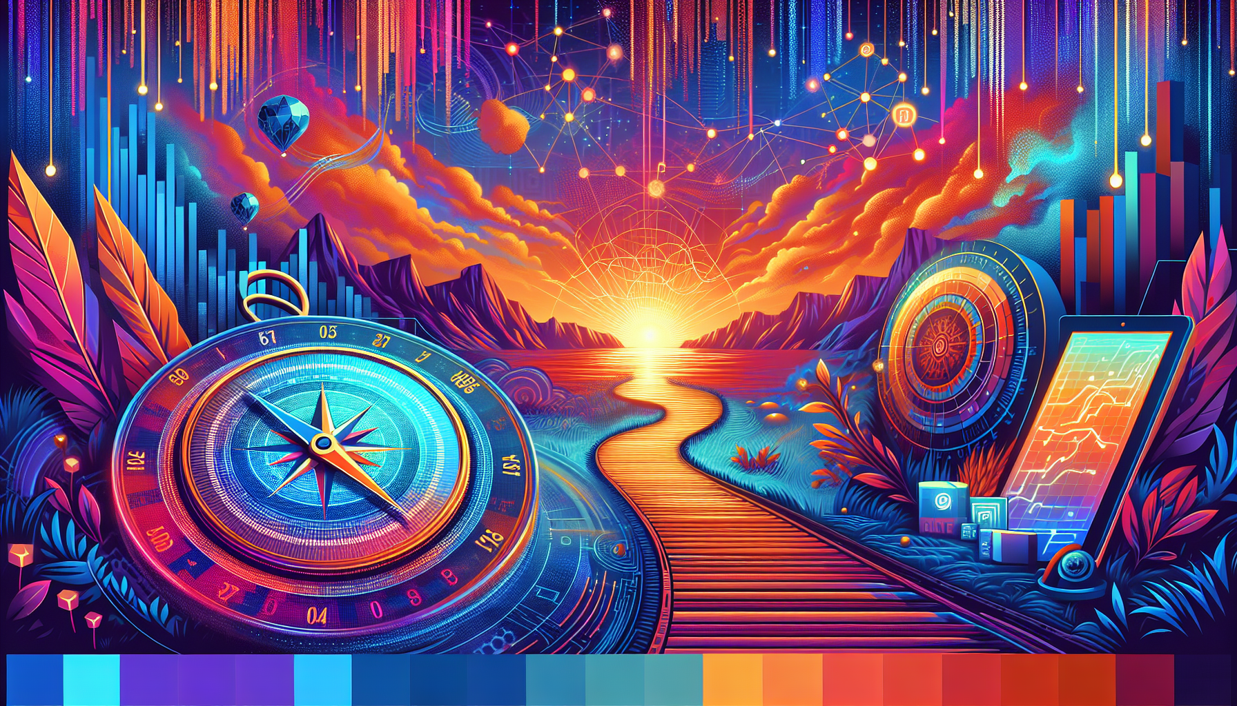 an image of a vibrant, dynamic scene representing the concept of 'AI Lead Generation Sparks Adventure'. The image features an adventurous landscape with digital and futuristic elements, such as a treasure map or compass, integrated with abstract visuals of data streams and AI technology. The scene conveys excitement and innovation, with a pathway leading to a glowing horizon symbolizing new business prospects. The colors #689fb0, #9ec5d1, #6972ad, #474f91, and #fff create a cohesive visual experience, aligning with themes of efficiency, cost-effectiveness, and improved targeting.