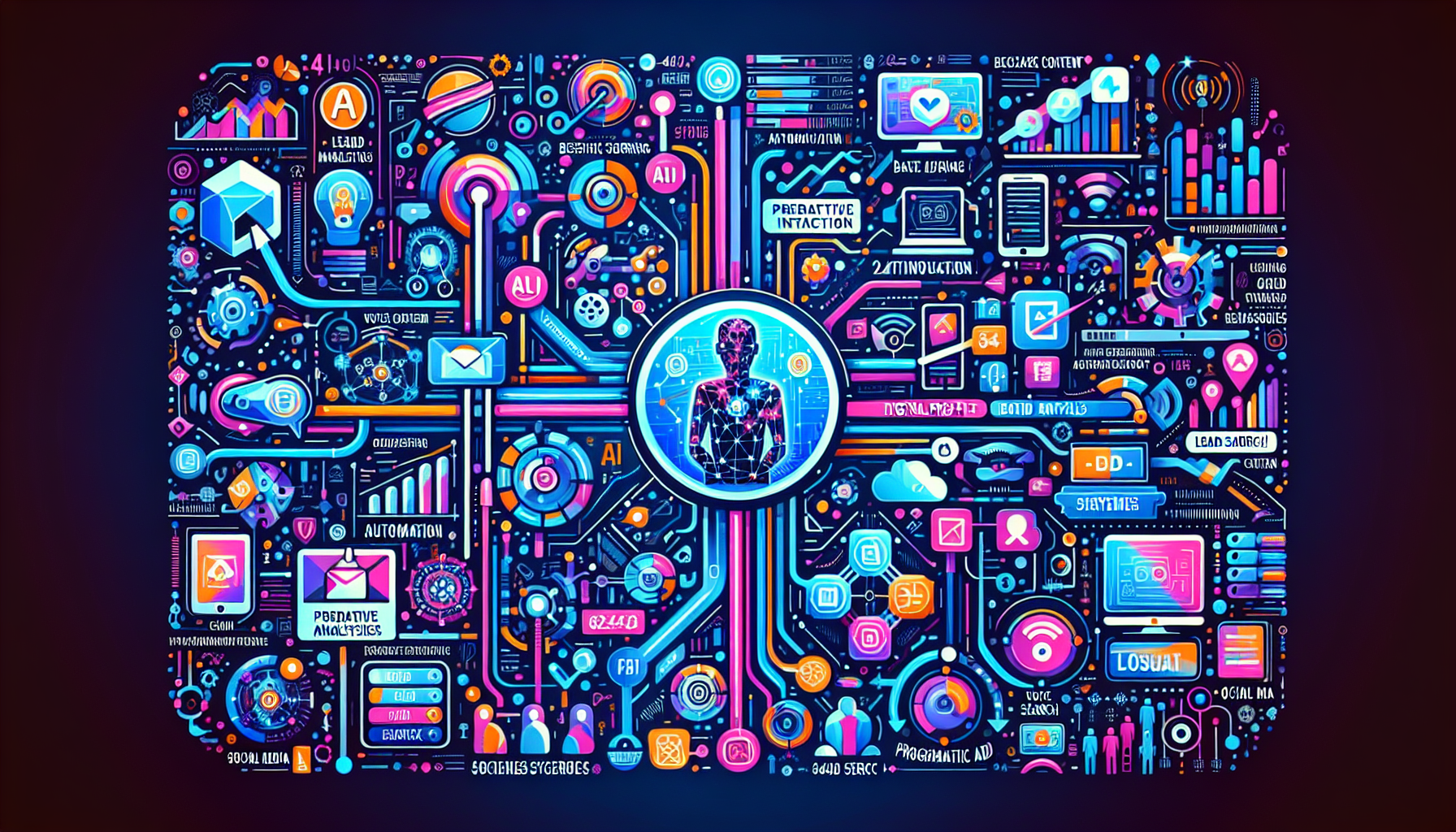 an image of revolutionary AI lead generation strategies transforming business marketing, featuring elements like chatbots, analytics graphs, digital profiles, lead scoring, automated emails, voice search, social media, programmatic ads, and CRM systems, all in a futuristic style with a color palette of #689fb0, #9ec5d1, #6972ad, #474f91, and #fff, representing innovation and efficiency.