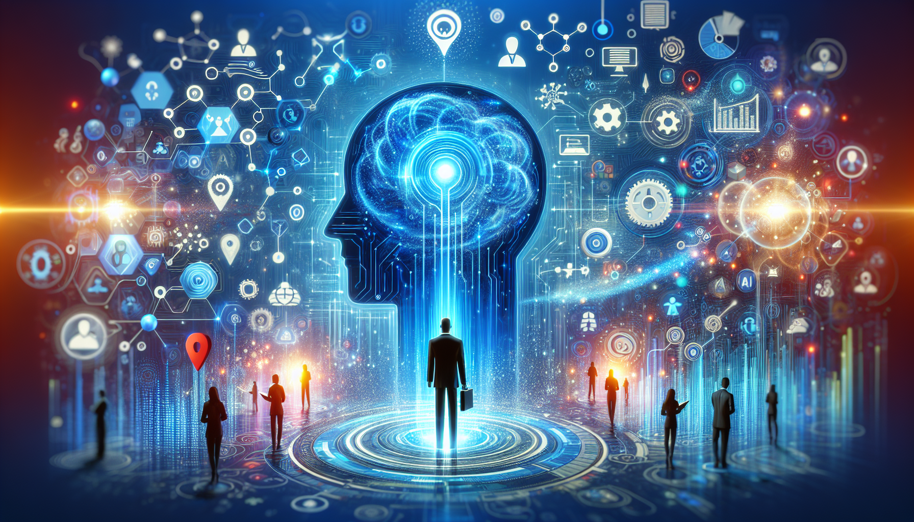 An image of a vibrant and dynamic representation of AI lead generation in business, showcasing the transformative power through elements symbolizing technology, data analysis, and customer acquisition. The central figure is an abstract representation of a brain or network, surrounded by flowing streams of data, and includes visual cues of business growth like upward-trending arrows or graphs. The image features abstract human figures interacting with digital interfaces, emphasizing human-AI collaboration, using a color palette of #689fb0, #9ec5d1, #6972ad, #474f91, and #fff, representing modernity and professionalism.