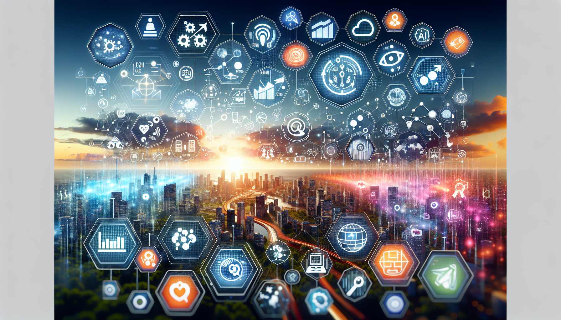 an image of a futuristic digital landscape representing AI marketing strategies with symbols of personalization, automation, and predictive analytics. The scene includes data-driven insights and innovative tools, showcasing SMBs' ability to compete with larger corporations. The vibrant color palette features hex codes ['#689fb0', '#9ec5d1', '#6972ad', '#474f91', '#fff'], signifying growth, intelligence, and digital transformation. Subtle graphic elements represent real-world success stories and seamless integration of AI technologies in marketing, symbolized by a network of digital icons and futuristic interfaces.