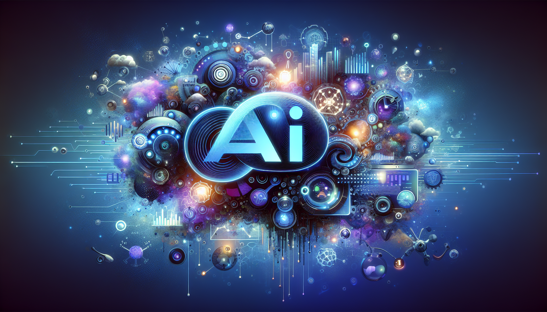 a vibrant and imaginative 16:9 image representing AI lead generation as the future vision for SMBs, showcasing innovation, growth, and AI's transformative power in marketing with digital patterns and abstract data flow, emphasizing cost-effectiveness, efficiency, and enhanced customer targeting using a color palette of blue, light blue, purple, dark blue, and white, illustrating AI as a strategic ally for SMBs to compete with larger companies, evoking futuristic optimism and business innovation