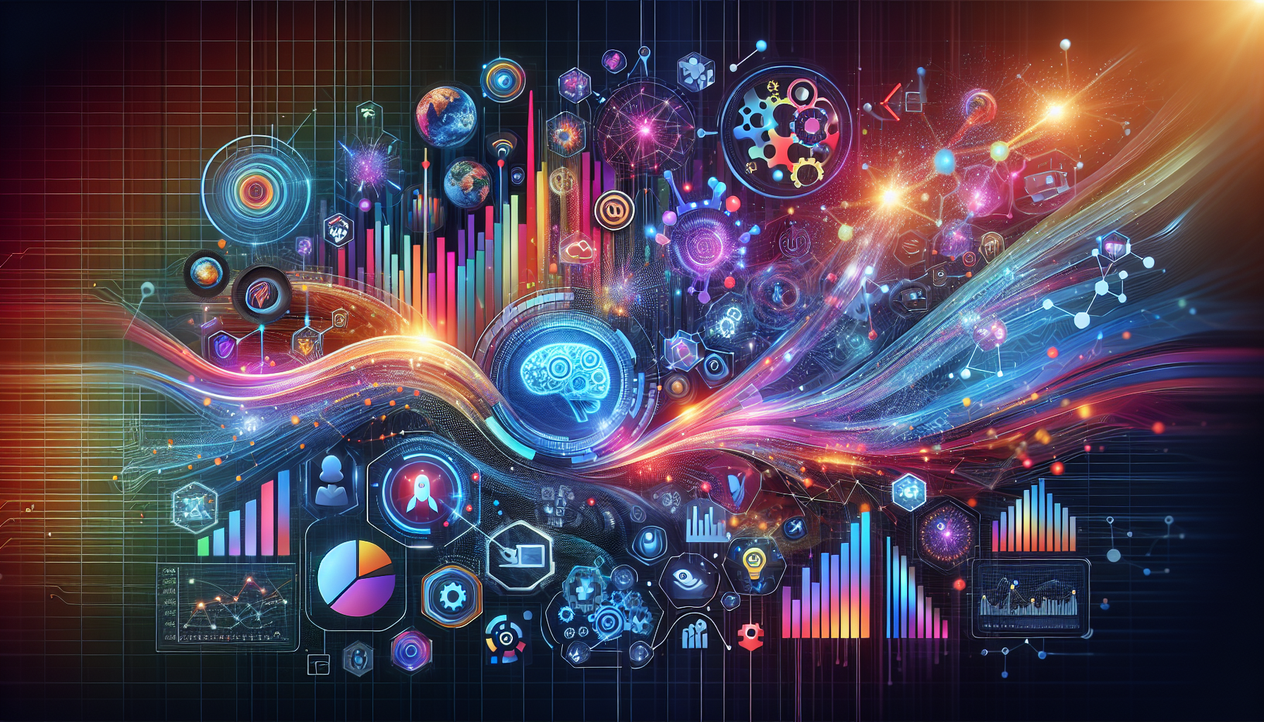 an image of a vibrant and futuristic scene representing the transformative power of AI marketing in driving business success, featuring integration between technology and marketing with abstract data patterns, vibrant AI neural network representations, and dynamic marketing icons like chatbots or analytics graphs, using a color palette of #689fb0, #9ec5d1, #6972ad, #474f91, and #fff, centered around innovation and growth.