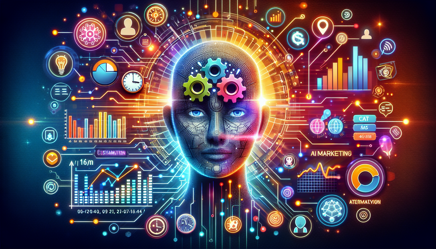 an image of AI marketing as a transformative force for businesses, representing 5 Reasons Why AI Marketing Boosts Your Vision. The image features a futuristic theme with dynamic visuals, including digital icons symbolizing efficiency (gears and clock), personalization (customized user avatars), data-driven insights (graphs and data streams), cost-effectiveness (money symbols), and customer engagement (chat bubbles or handshakes). It emphasizes innovation and forward-thinking with a digital network or circuit design in the background, using a color palette of #689fb0, #9ec5d1, #6972ad, #474f91, and #fff, with subtle lighting effects.