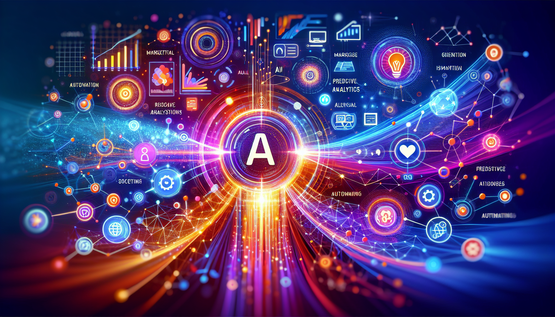 An image of a modern, visually engaging digital design representing 'Top 6 Visionary AI Lead Generation Techniques'. The composition features AI-powered marketing innovations with a focus on predictive analytics, AI-powered chatbots, personalized content, lead scoring, automated email campaigns, and social media insights. It includes abstract representations of data patterns, futuristic AI graphics, and vibrant, interconnected networks, using hex colors #689fb0, #9ec5d1, #6972ad, #474f91, and #fff. The image conveys a bright, transformative, and forward-thinking nature, highlighting the integration of technology in marketing strategies.
