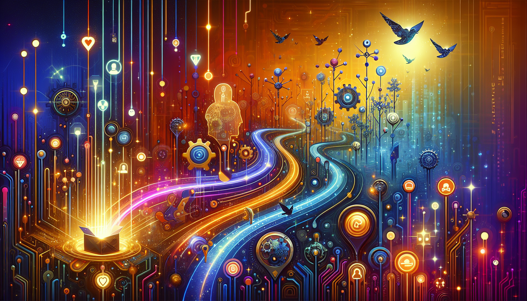 an image of a digital treasure map theme representing Guide: AI Lead Generation for Adventurous SMBs with technology and exploration imagery, digital pathways, network-like structures, treasure chests, glowing orbs, AI elements like gears and circuit patterns, and a color palette of #689fb0, #9ec5d1, #6972ad, #474f91, and #fff.